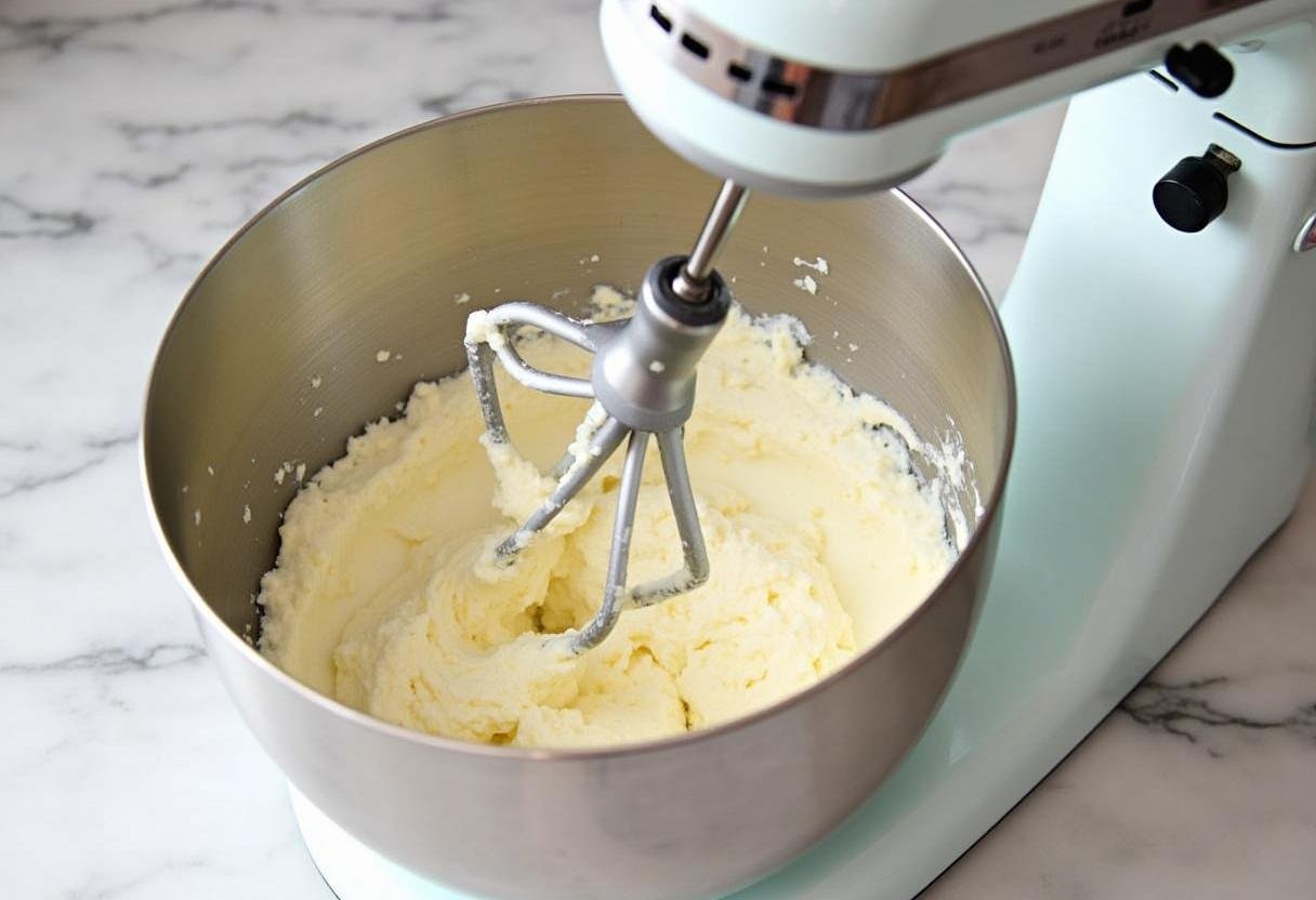 Blending cream cheese for the Harry Potter Chocolate Bottom Butterbeer Cheesecake with sugar and vanilla in a mixing bowl.