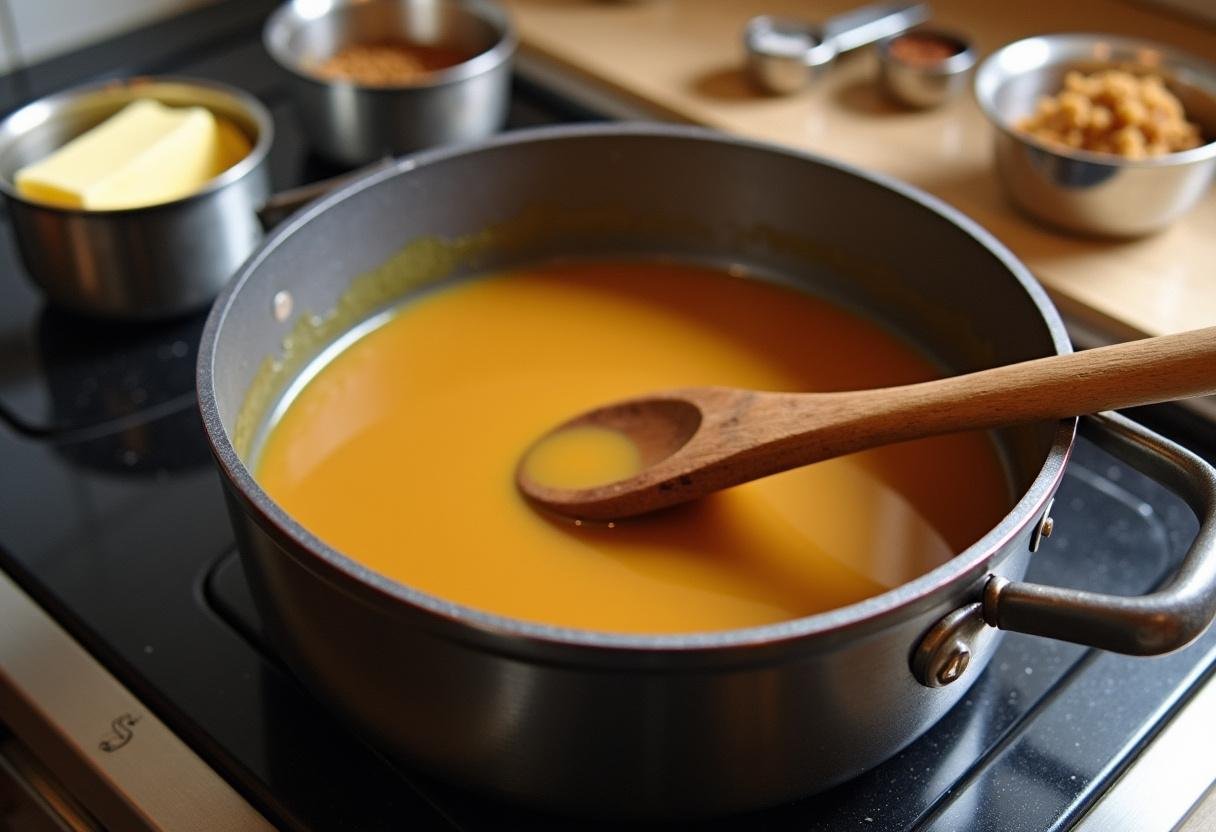 Preparing butterscotch sauce for Harry Potter Chocolate Bottom Butterbeer Cheesecake in a saucepan on the stove.