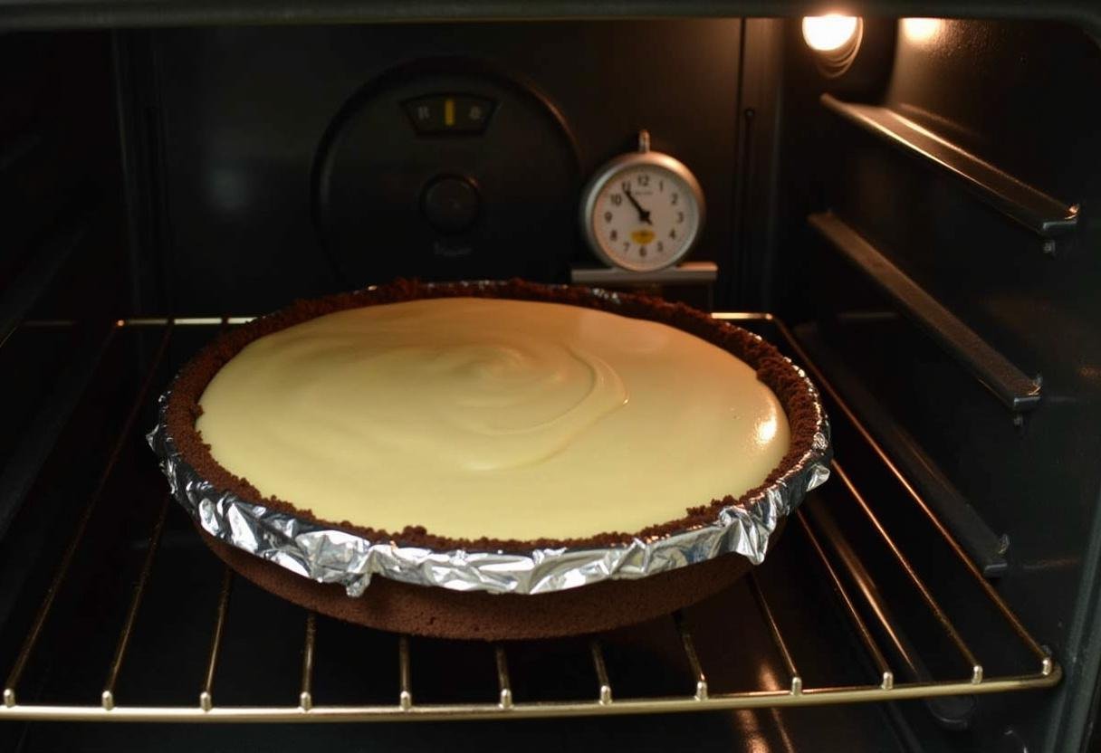 Baking the Harry Potter Chocolate Bottom Butterbeer Cheesecake in the oven, ready for the next step.