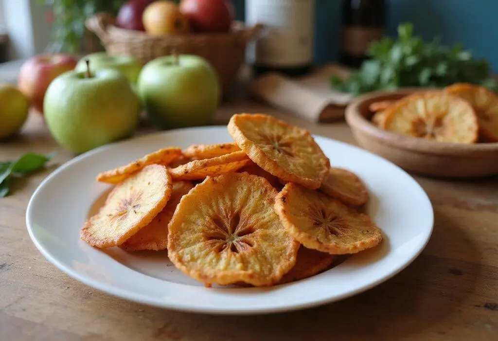 Delicious and healthy air fryer apple chips neatly arranged on a wooden table, highlighting a wholesome snack option.