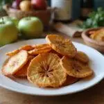 Delicious and healthy air fryer apple chips neatly arranged on a wooden table, highlighting a wholesome snack option.