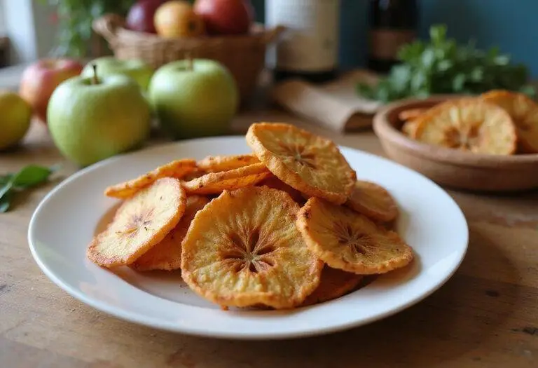 Delicious and healthy air fryer apple chips neatly arranged on a wooden table, highlighting a wholesome snack option.