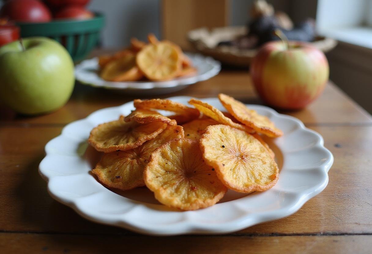 Delicious and healthy air fryer apple chips neatly arranged on a wooden table, highlighting a wholesome snack option.