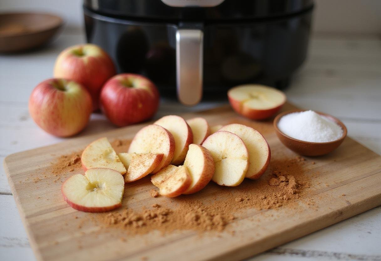Thinly sliced apples on a cutting board, perfect for healthy air fryer apple chips, showcasing vibrant colors and spices.