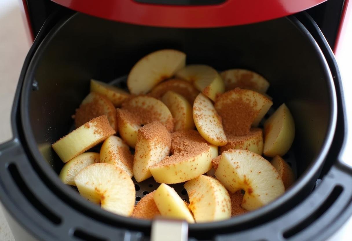 Filling the air fryer basket with sliced apples for making crispy air fryer apple chips, emphasizing healthy cooking choices with spices.