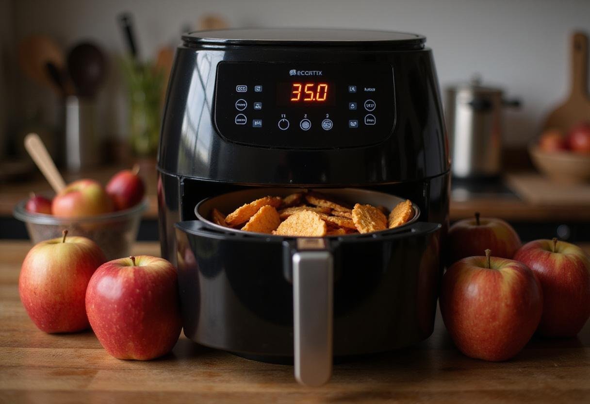 Setting the timer on the air fryer to prepare delicious and healthy apple chips, surrounded by fresh apples and cooking tools.