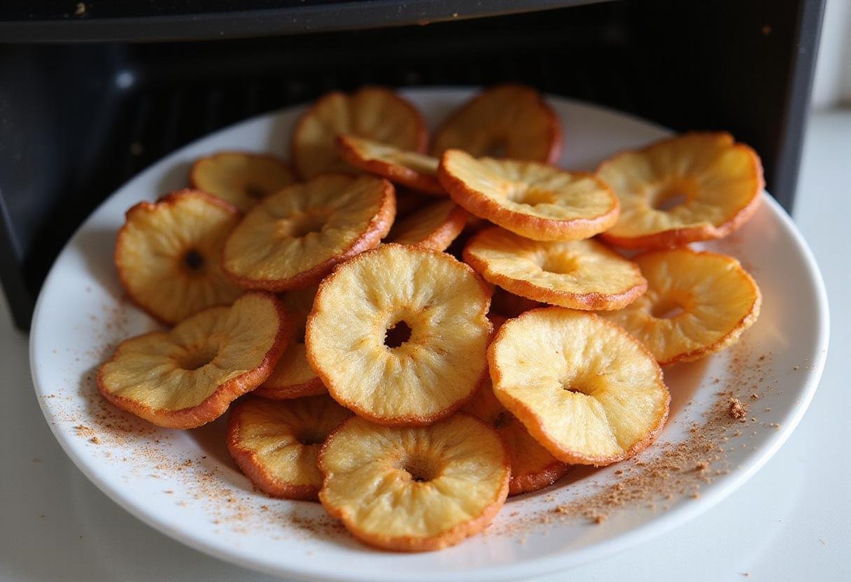 Crispy, golden-brown air fryer apple chips just made, elegantly presented on a plate with a sprinkle of cinnamon for added flavor.