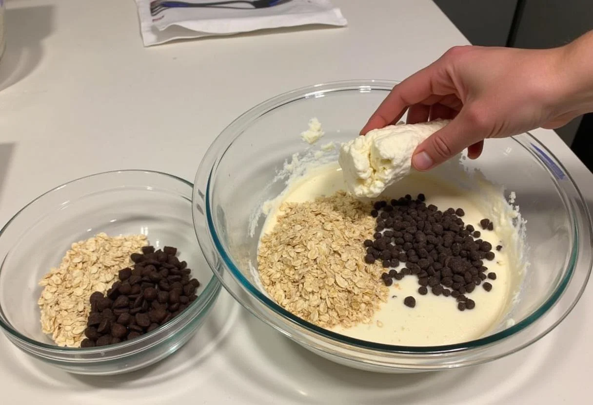 Mixing oats and chocolate chips into cottage cheese cookie dough, creating a nutritious cottage cheese cookie dough without almond flour or protein powder
