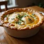 Freshly baked healthy chicken pot pie, golden crust, and dairy-free filling, ready to be served in a cozy kitchen setting.