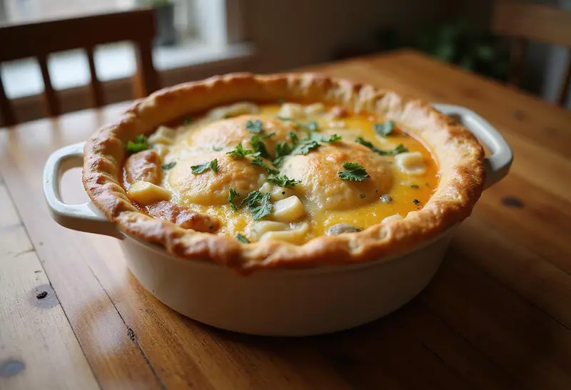Freshly baked healthy chicken pot pie, golden crust, and dairy-free filling, ready to be served in a cozy kitchen setting.