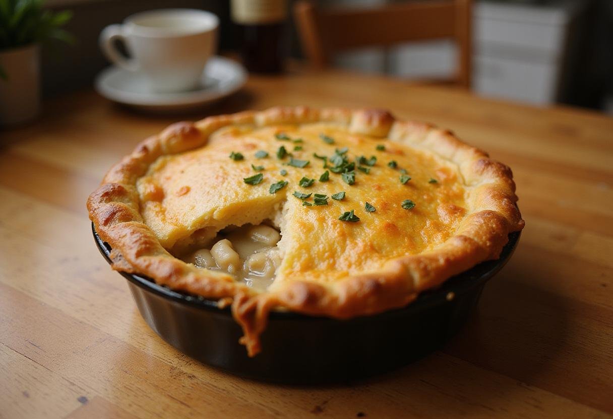 Freshly baked healthy chicken pot pie, golden crust, and dairy-free filling, ready to be served in a cozy kitchen setting.