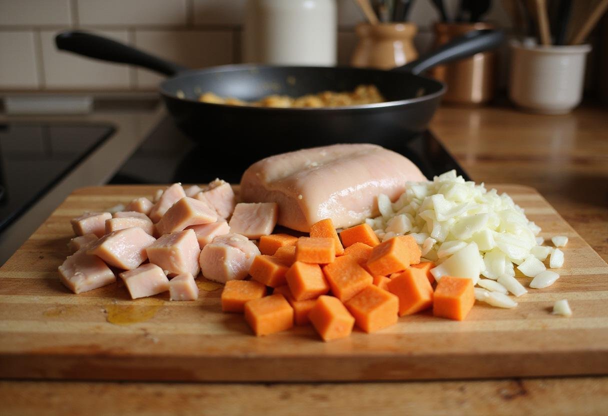 Preparing healthy chicken pot pie ingredients, diced chicken breast, onions, and carrots on a wooden cutting board for a dairy-free meal.
