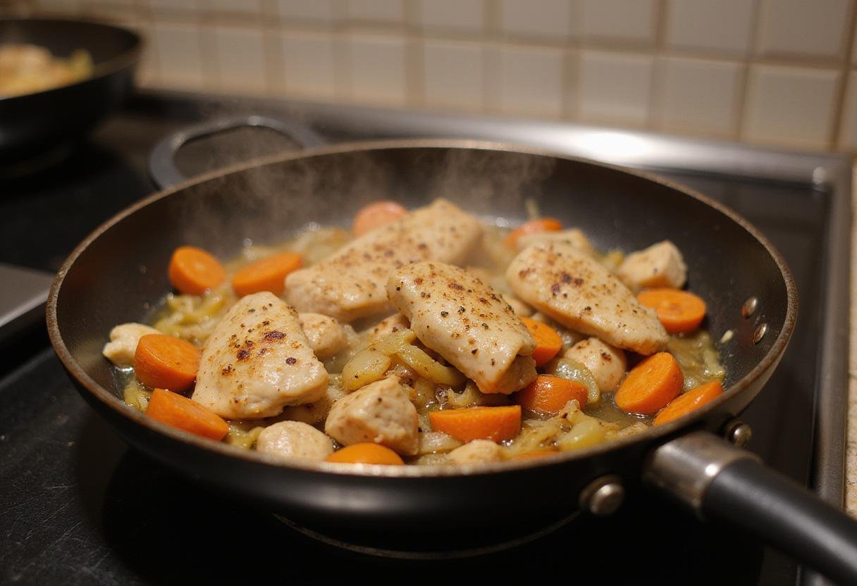 Sautéing chicken, onions, and carrots in a skillet for a healthy chicken pot pie, creating a delicious dairy-free filling.