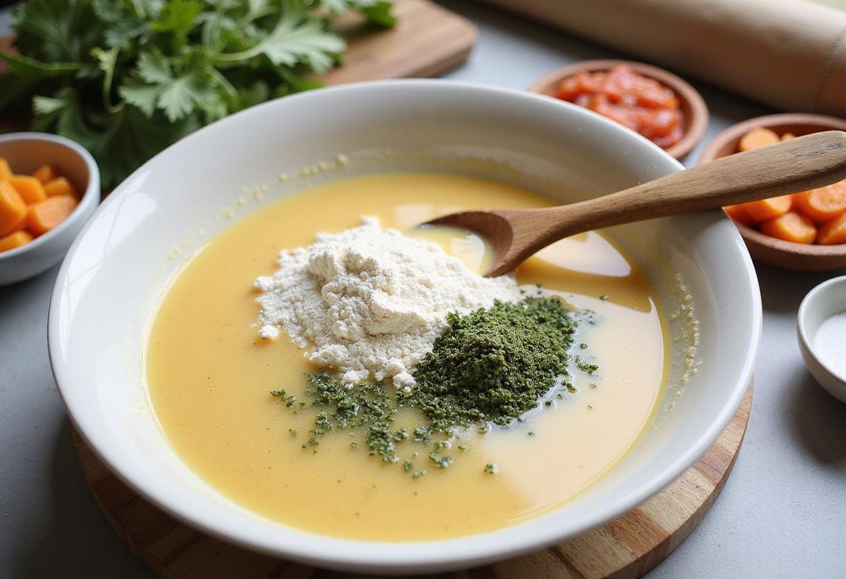 Mixing a dairy-free creamy sauce for healthy chicken pot pie with vegetable broth and gluten-free flour in a large bowl.