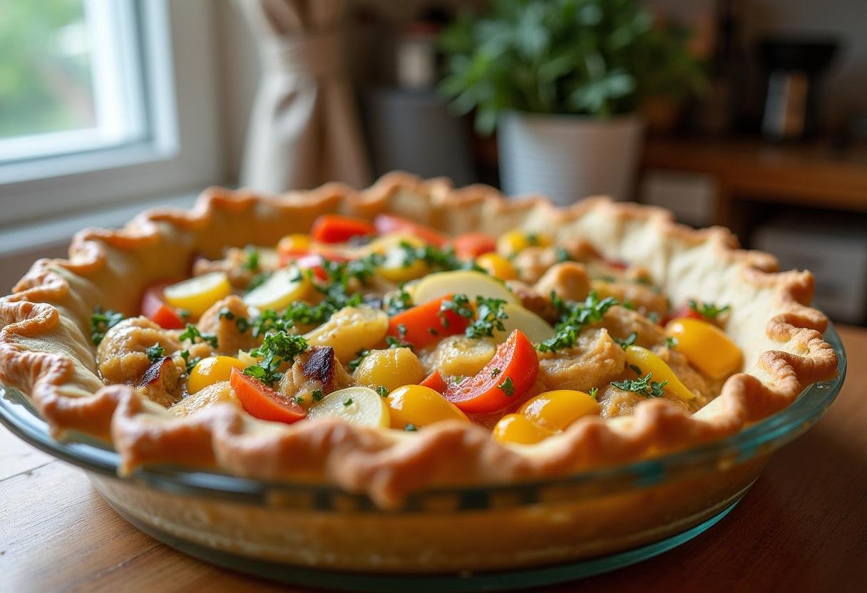 Filling a pie dish with healthy chicken pot pie mixture and covering it with flaky crust, preparing for baking.