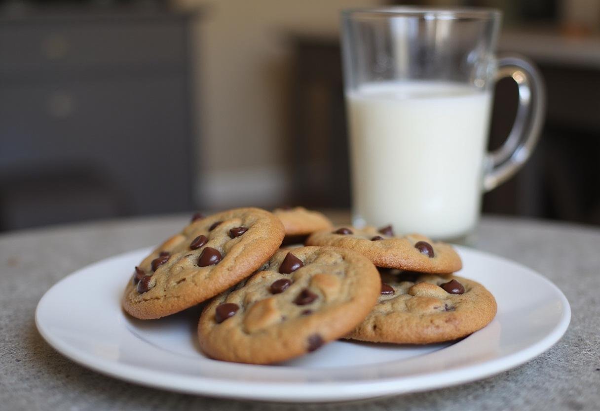 Deliciously baked high altitude chocolate chip cookies displayed on a plate, perfect pairing with a glass of milk for ultimate enjoyment.