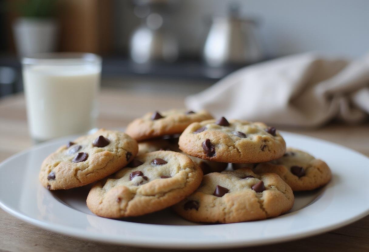 Deliciously baked high altitude chocolate chip cookies displayed on a plate, perfect pairing with a glass of milk for ultimate enjoyment.