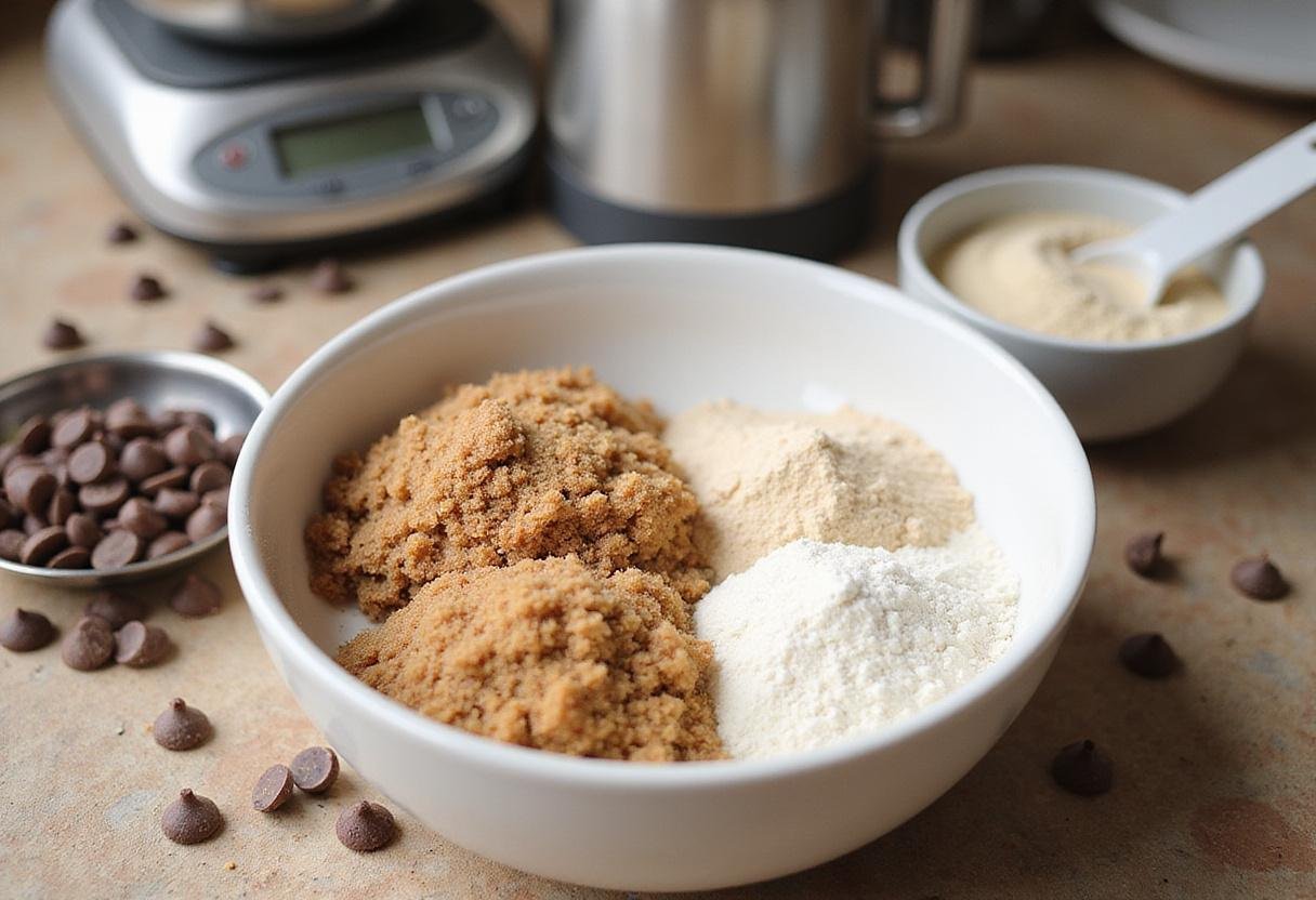 High altitude chocolate chip cookies ingredients like flour, sugars, and chocolate chips on countertop, preparing for a delicious batch of cookies.