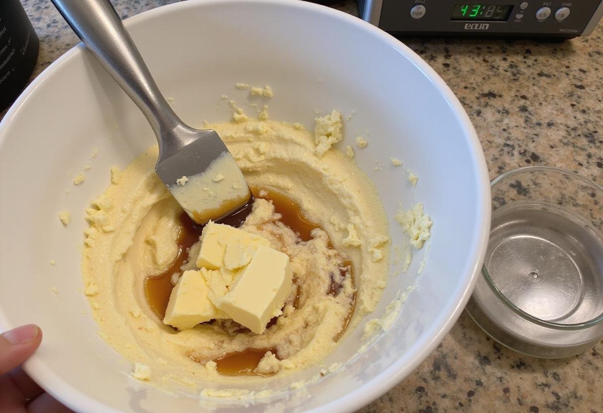 Mixing softened butter and vanilla extract for high altitude chocolate chip cookies, ensuring perfect texture and flavor.