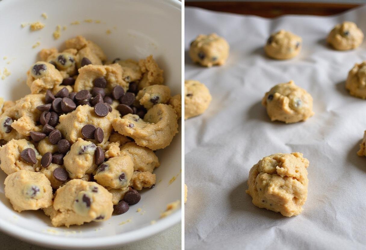 Folding chocolate chips into the dough for high altitude chocolate chip cookies, preparing for baking to achieve the ideal chewiness.