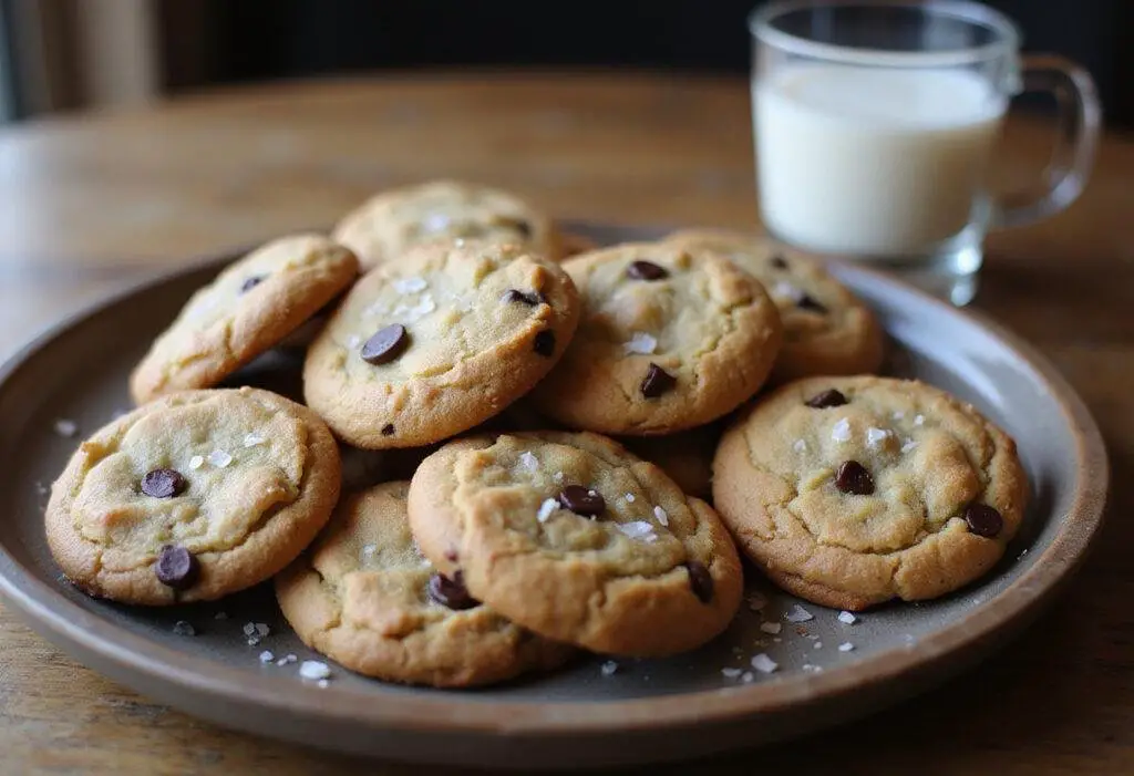 final result of high altitude chocolate chip cookies, plate of golden cookies with glass of milk