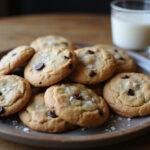 final result of high altitude chocolate chip cookies, plate of golden cookies with glass of milk