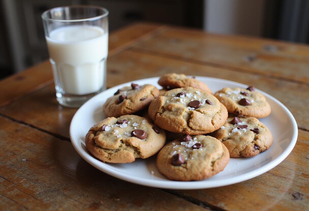 final result of high altitude chocolate chip cookies, plate of golden cookies with glass of milk