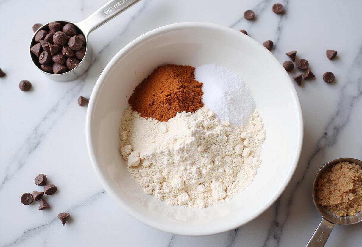 ingredients for high altitude chocolate chip cookies, mixing bowl flour baking soda brown sugar chips