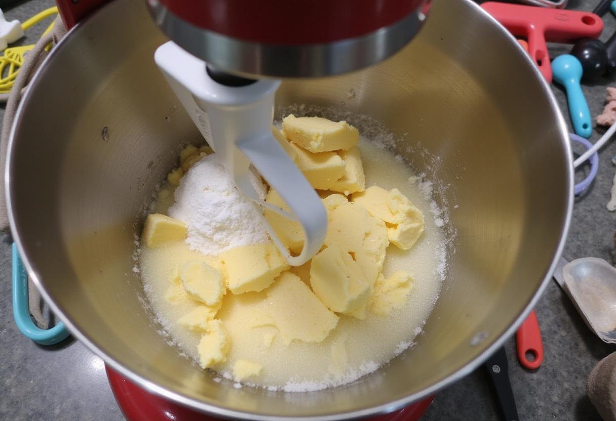 mixing butter and sugar for high altitude chocolate chip cookies, baking utensils mixer in action