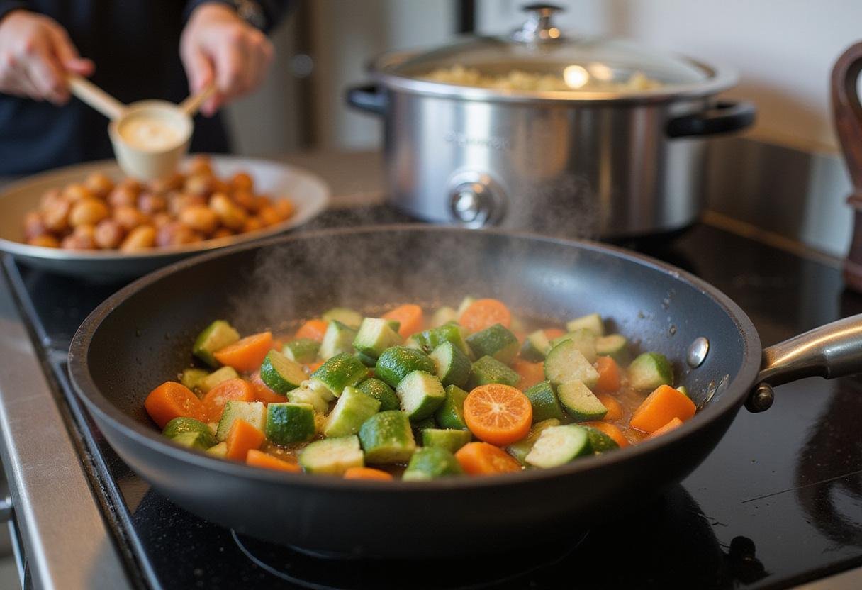Cooking high protein slow cooker recipes, demonstrating the sautéing of fresh vegetables for a hearty meal.