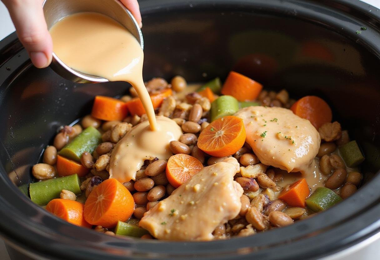 Combining ingredients in high protein crockpot meals, focusing on adding protein-rich chicken and beans to a slow cooker.
