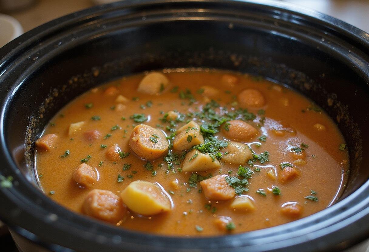 Slow cooking process of high protein soup recipes, showcasing the delicious simmering ingredients in a crock pot.