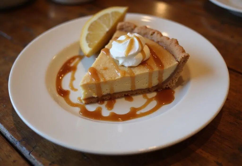 The stunning final result of Hogsmeade-Style Butterbeer Pie with Frothy Butterscotch Top, ready to be enjoyed in a delightful presentation.
