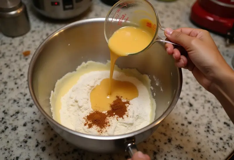 Ingredients for Hogsmeade-Style Butterbeer Pie with Frothy Butterscotch Top, showcasing flour, sugar, and a rich golden mix for the crust.