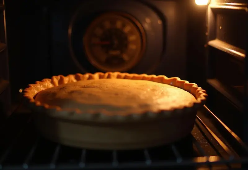 Hogsmeade-Style Butterbeer Pie with Frothy Butterscotch Top baking, highlighting the anticipation of delicious flavors emerging from the oven.