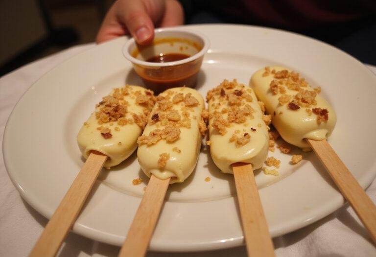 Final presentation of Hogsmeade’s Sweet Butterbeer Cheesecake Pops with a Vanilla Crunch on a decorative plate, emphasizing their delicious appearance and tempting toppings.