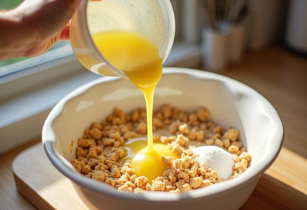 Preparing the graham cracker crust for Hogsmeade’s Sweet Butterbeer Cheesecake Pops, highlighting the melting butter and crushed cracker blend in a bright culinary space.