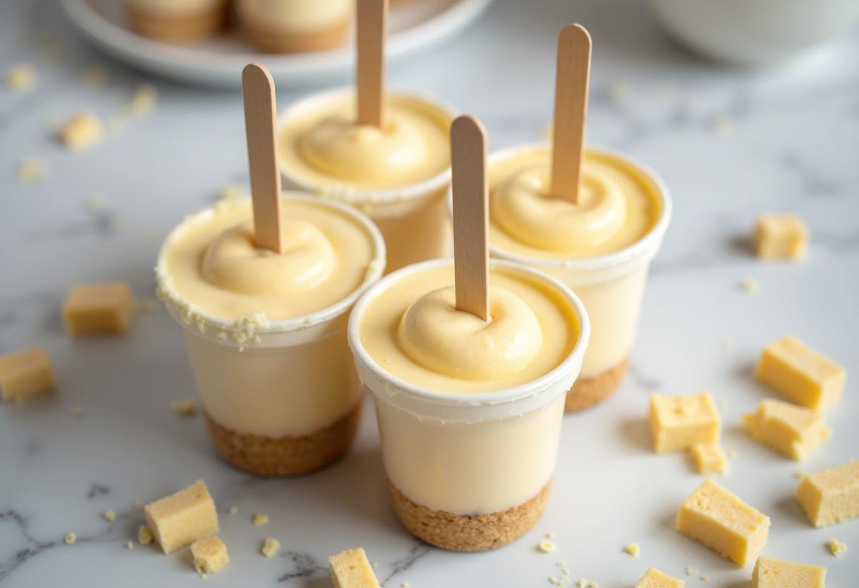 Pouring cheesecake mixture into molds for Hogsmeade’s Sweet Butterbeer Cheesecake Pops with a Vanilla Crunch, depicting the setup in a professional kitchen.
