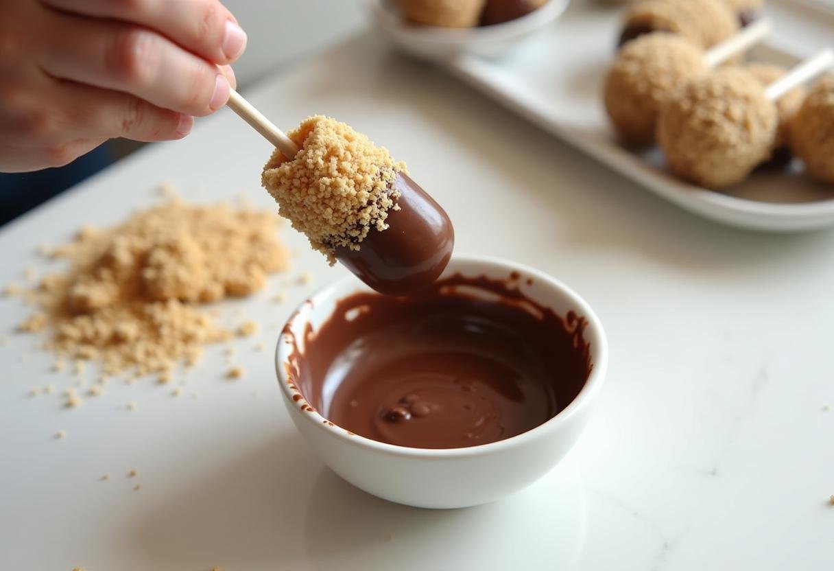 Dipping cheesecake pops into chocolate for Hogsmeade’s Sweet Butterbeer Cheesecake Pops, capturing the delightful chocolate coating process in a vibrant kitchen scene.
