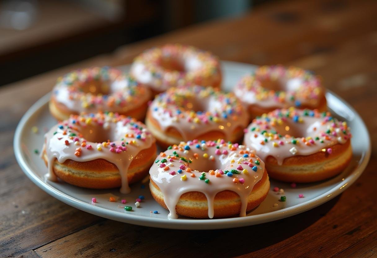 Deliciously finished Hogwarts Hearth Baked Vanilla Donuts on a rustic wooden table, perfectly glazed and sprinkled, ideal for a magical treat.