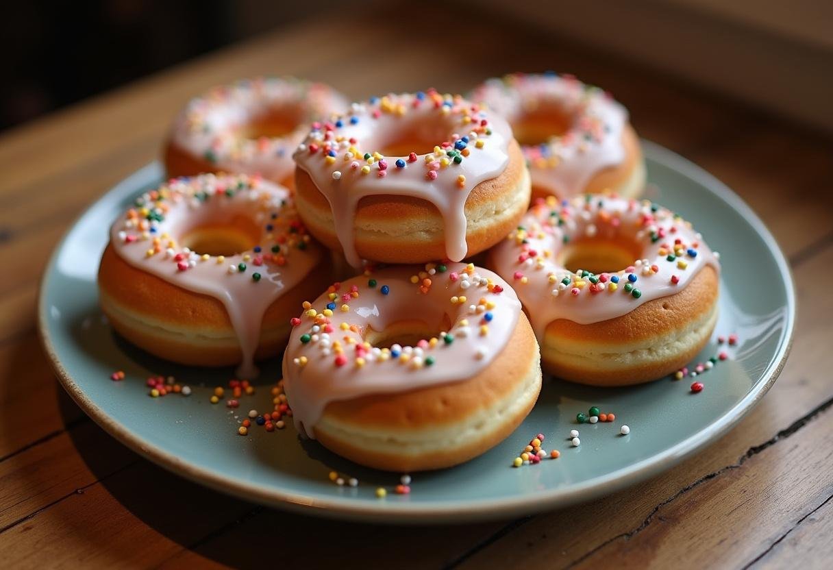 Deliciously finished Hogwarts Hearth Baked Vanilla Donuts on a rustic wooden table, perfectly glazed and sprinkled, ideal for a magical treat.