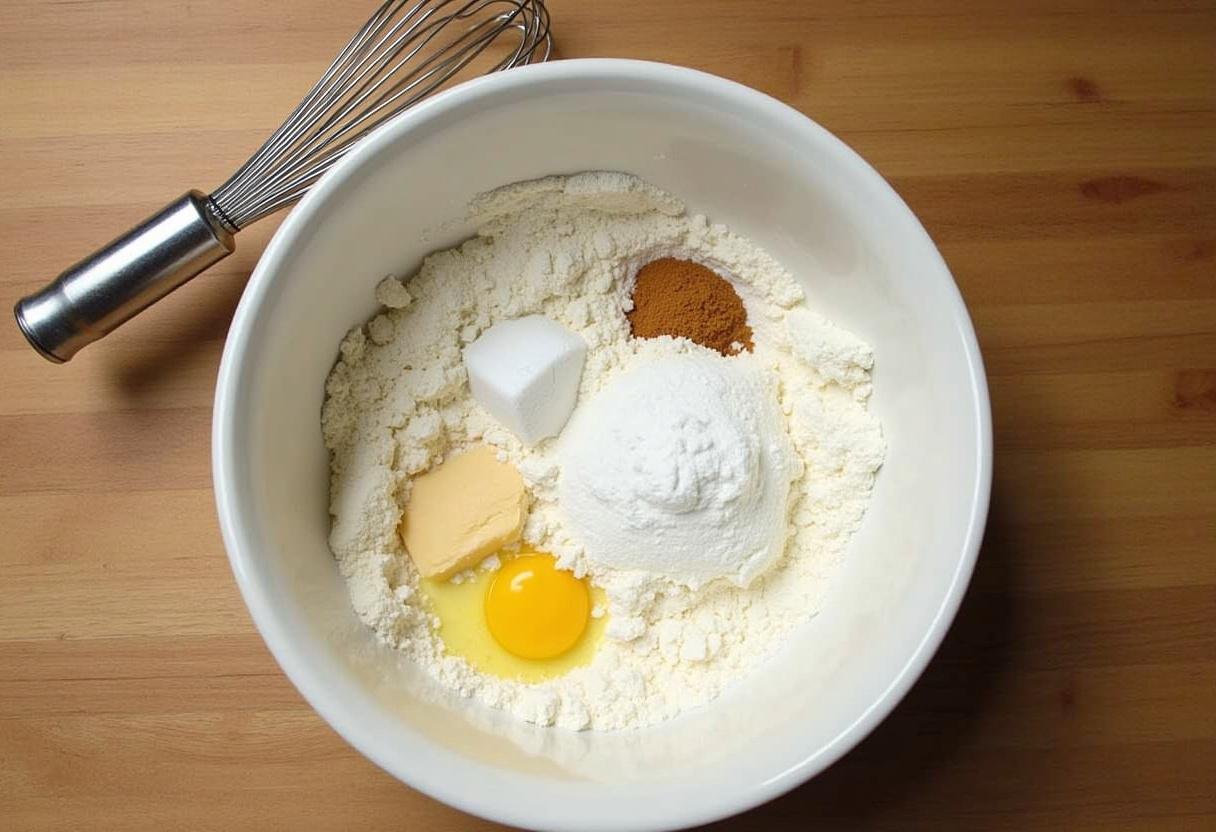Mixing dry ingredients for Hogwarts Hearth Baked Vanilla Donuts with flour, sugar, and baking powder. Perfect for a cozy treat.