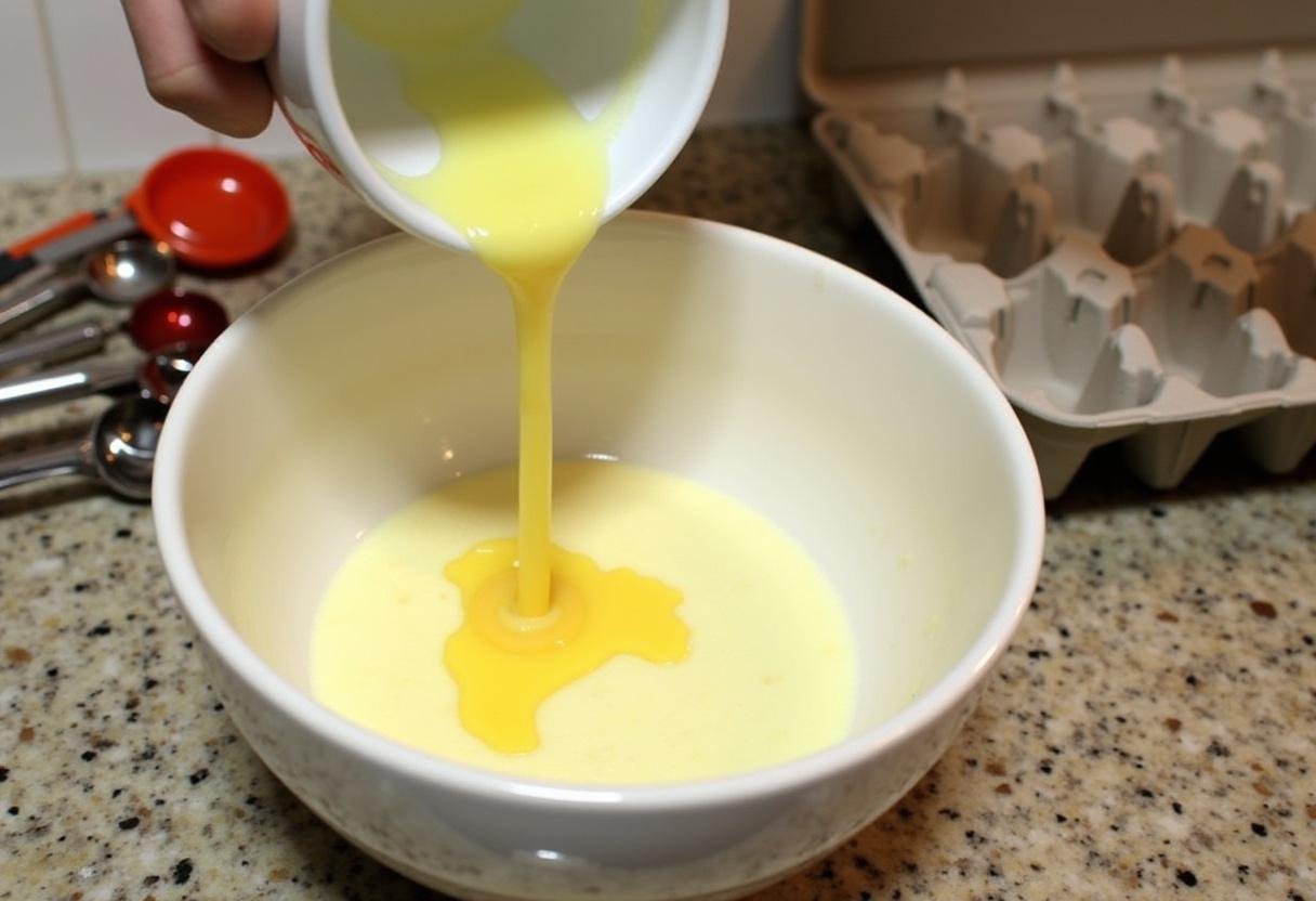 Pouring melted butter and vanilla extract into the wet ingredients for Hogwarts Hearth Baked Vanilla Donuts, enhancing the flavor of these baked treats.