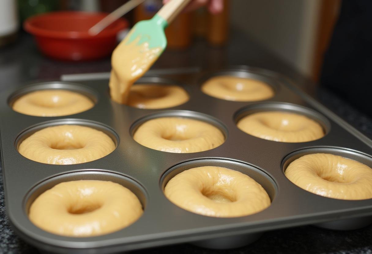 Filling the donut pan with batter for the fluffy Hogwarts Hearth Baked Vanilla Donuts, a delightful kitchen scene capturing the essence of baking.