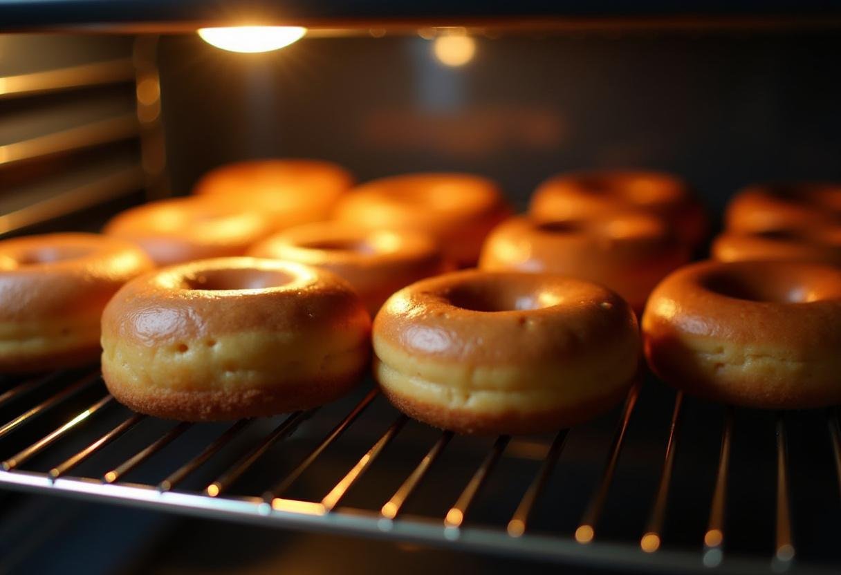 Removing fluffy Hogwarts Hearth Baked Vanilla Donuts from the oven, perfect for cooling and ready to be decorated with icing.