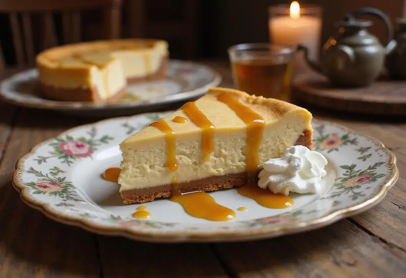 Delicious slice of Hogwarts-Inspired Butterbeer Cheesecake with Golden Crust, elegantly presented.