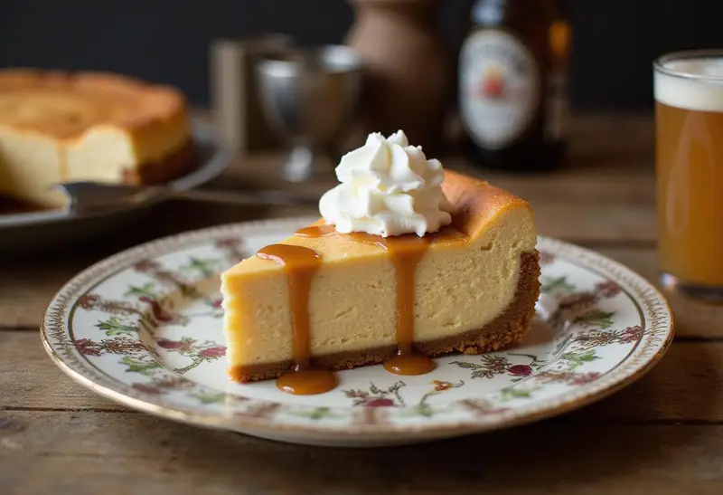 Delicious slice of Hogwarts-Inspired Butterbeer Cheesecake with Golden Crust, elegantly presented.