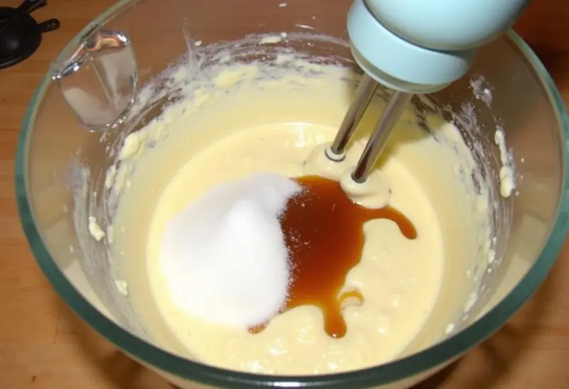 Creamy mixture of cream cheese and sugar for Hogwarts-Inspired Butterbeer Cheesecake preparation.