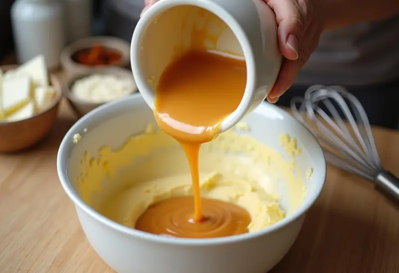 Combining butterscotch and butter into creamy cheesecake filling for Hogwarts-Inspired Butterbeer Cheesecake.