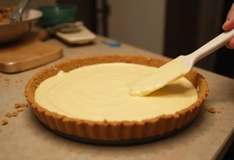 Spreading cheesecake batter into golden crust for Hogwarts-Inspired Butterbeer Cheesecake.